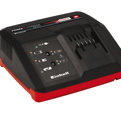 Einhell Power X-Charger for lithium-ion batteries shown with a black and red casing and a control panel featuring indicator lights and symbols. The charging slot is positioned on the right, with branding for “Einhell” and “Power X-Change” prominently displayed.