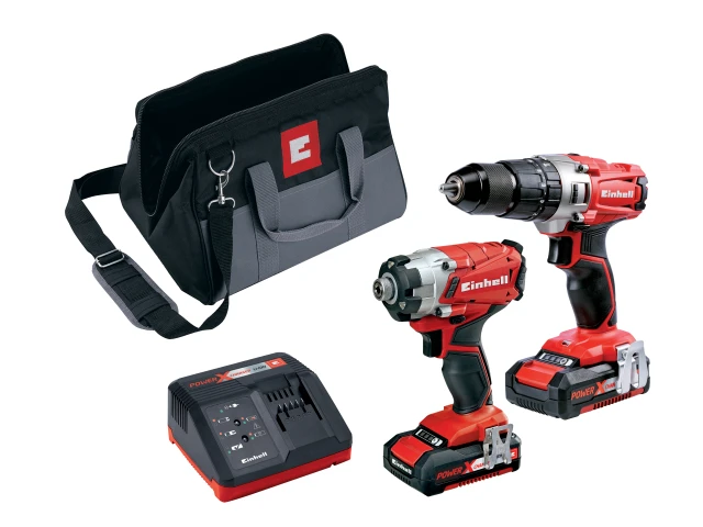 Einhell power tool set featuring a cordless drill driver and impact driver, each with attached battery packs and “Power X-Change” branding. The set includes a battery charger and a black-and-gray carrying bag with a red “E” logo, designed for portable DIY or professional use.