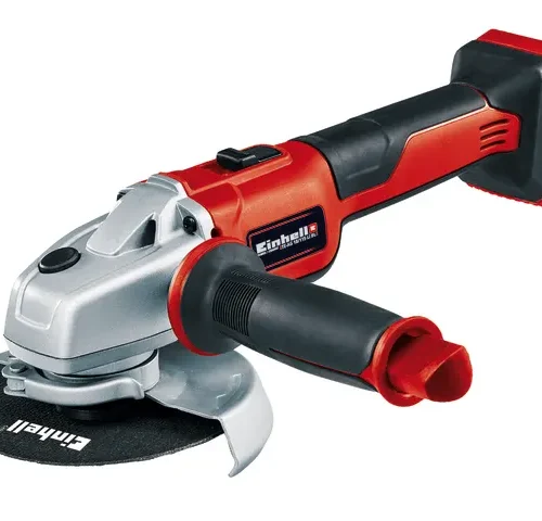 Einhell cordless angle grinder shown in red and black with a silver gear housing and black grinding disc labeled “Einhell.” The tool includes an ergonomic handle and attached battery pack, designed for cutting, grinding, and polishing tasks.