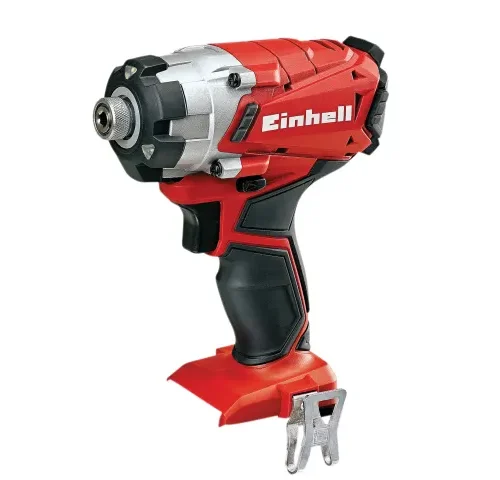 Einhell cordless impact driver shown in red, black, and silver with a hex chuck, textured grip, and metal belt clip. The base is designed for a rechargeable battery pack, making it suitable for high-torque screwdriving in construction and DIY tasks.