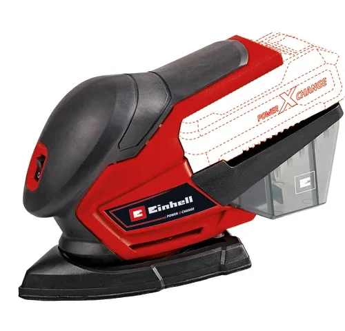 Einhell cordless multi-sander shown in red and black with a triangular sanding pad for precision work. The tool features a transparent dust container and visible “Power X-Change” branding, with the battery compartment outlined but not installed.