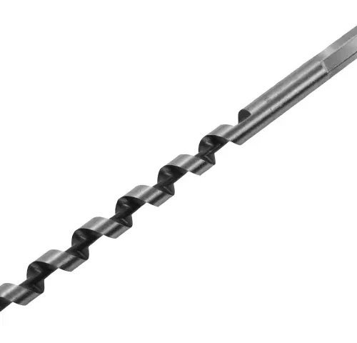 Steel auger drill bit with spiral flutes and pointed tip, designed for drilling clean, deep holes in wood.