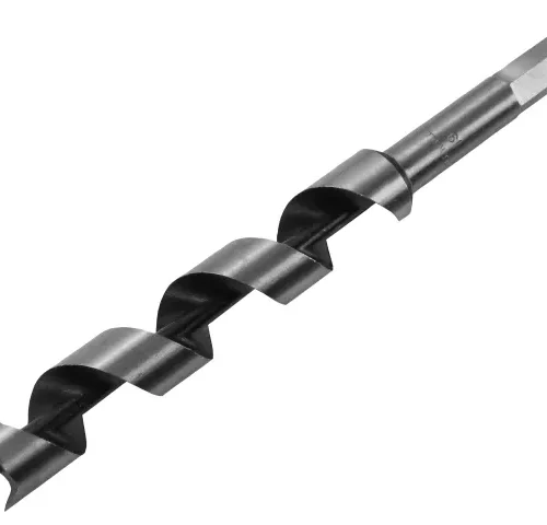 Close up of an auger drill bit designed for precision wood drilling. The spiral design helps remove material quickly and smoothly.