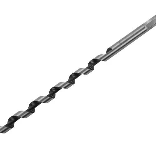 Long auger drill bit with spiral design for deep wood drilling. It is used to create clean and precise holes in timber.