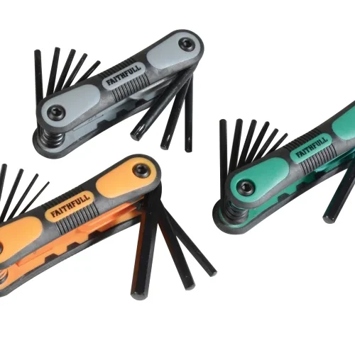 Three multi-tool hex key sets in gray, orange, and green with black accents. Each set features fold-out hex keys of varying sizes and is labeled “FAITHFULL.” Designed for driving hex socket bolts, ideal for mechanical and assembly tasks.