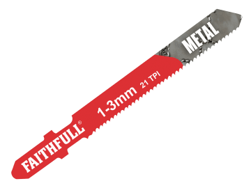 Close-up of a FAITHFULL JIGSAW BLADES (5) METAL T118A, metal-cutting jigsaw blade labeled “1–3mm 21 TPI METAL.” The toothed edge and printed specifications indicate its use for cutting thin metal materials with precision.