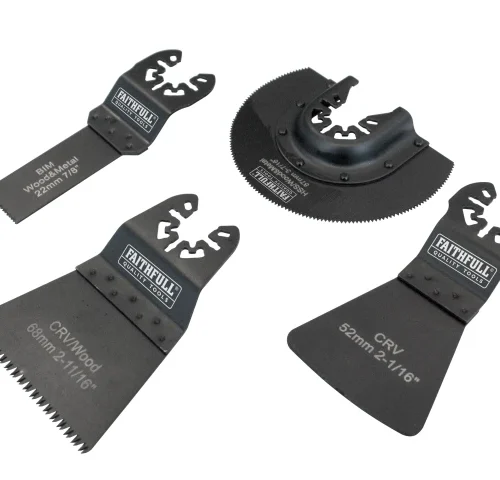 Set of Faithfull oscillating multi tool blades for wood and metal cutting. The kit includes different blade shapes for versatile applications.
