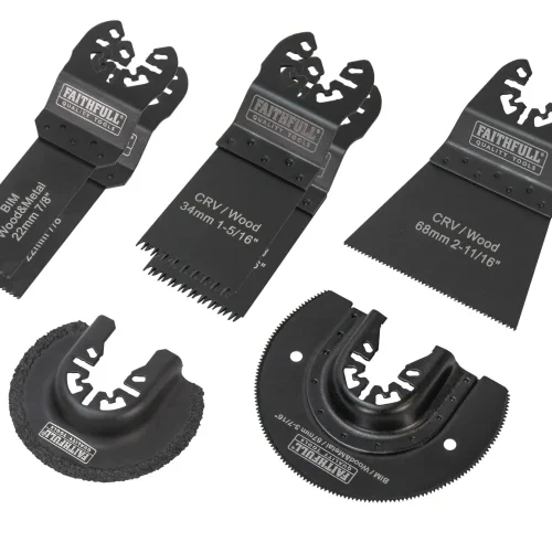 Set of Faithfull multi-tool blades and accessories, including wood-cutting blades and curved scraping/cutting attachments, designed for oscillating multi-tools.