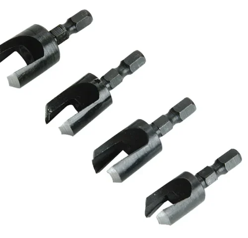 Set of plug cutter drill bits with hex shanks for woodworking applications. These tools are used to cut wooden plugs to cover screw holes.