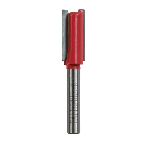 Straight router cutter bit with red coating and steel shank, designed for precise trimming, grooving, and edge shaping in wood.