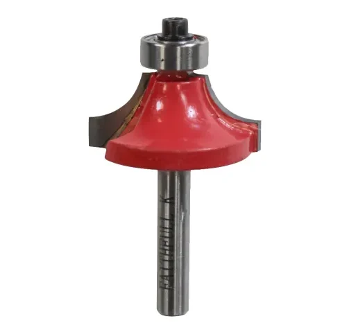 Round-over router bit with red coating and bearing guide, designed for creating smooth, rounded edges on wood and timber surfaces.