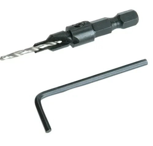 Countersink drill bit with pilot drill and hex shank shown with an Allen key. It is used for drilling pilot holes and countersinking screws.