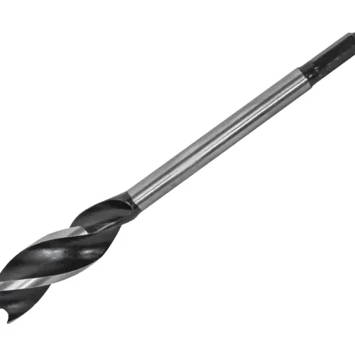 Hex shank auger drill bit with spiral flutes and screw tip, designed for fast, accurate drilling in wood using power drills.