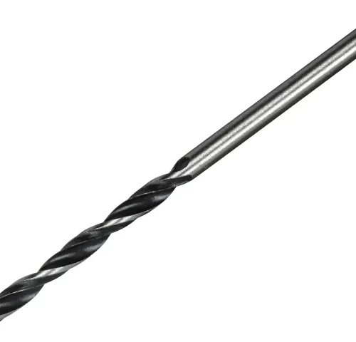 A long metal drill bit with spiral flutes is shown against a white background. The straight shank and sharp tip indicate it is designed for precision drilling tasks.
