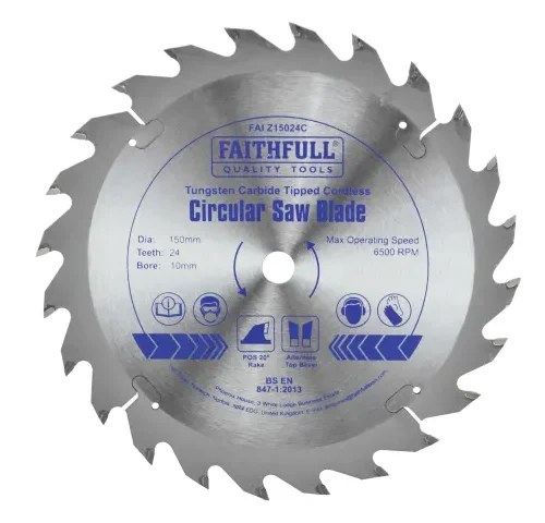 Circular saw blade labeled “Tungsten Carbide Tipped Cordless Circular Saw Blade” by Faithfull Quality Tools. Specifications include 150mm diameter, 24 teeth, 10mm bore, and 6500 RPM max speed. Suitable for wood, plastic, aluminum, and non-ferrous metals.