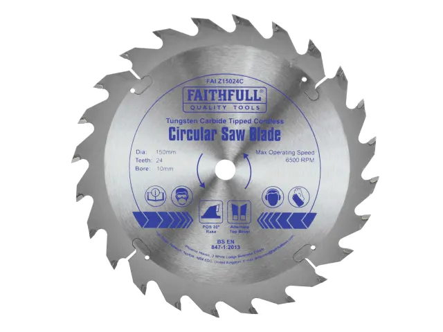 Circular saw blade labeled “Tungsten Carbide Tipped Cordless Circular Saw Blade” by Faithfull Quality Tools. Specifications include 150mm diameter, 24 teeth, 10mm bore, and 6500 RPM max speed. Suitable for wood, plastic, aluminum, and non-ferrous metals.