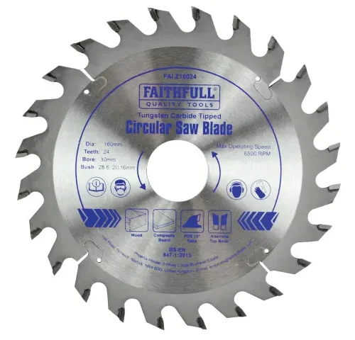 Circular saw blade labeled “Tungsten Carbide Tipped Circular Saw Blade” by Faithfull Quality Tools. Specifications include 160mm diameter, 24 teeth, 30mm bore, and bush sizes of 25, 20, and 16mm. Suitable for wood, composites, plastics, and non-ferrous metals.