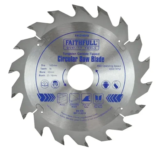 Circular saw blade by Faithfull Quality Tools labeled “Tungsten Carbide Tipped.” Specifications include 165mm diameter, 18 teeth, 30mm bore, 20.16mm bush, and 6500 RPM max speed. Icons indicate suitability for wood, chipboard, coarse wood, and plywood.