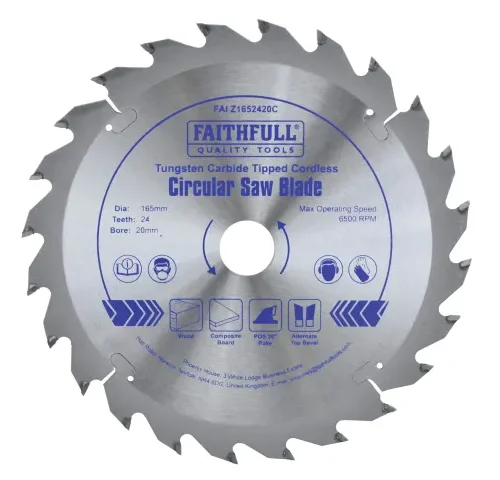 Circular saw blade labeled “Tungsten Carbide Tipped Cordless Circular Saw Blade” by Faithfull Quality Tools. Specifications include 165mm diameter, 24 teeth, 20mm bore, and 6500 RPM max speed. Icons indicate compatibility with various saw types.