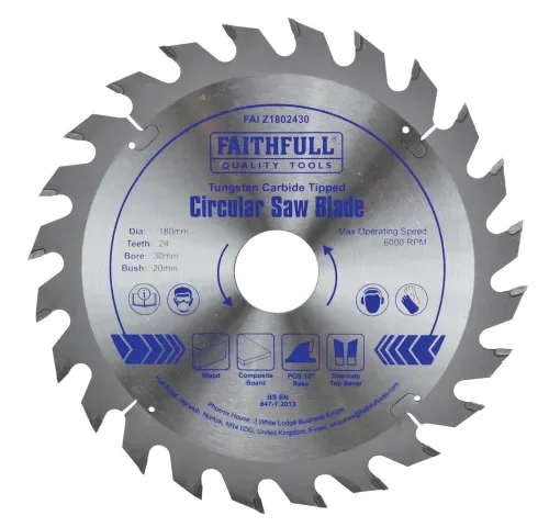 Tungsten carbide tipped circular saw blade from Faithfull Quality Tools with metallic surface and 24 sharp teeth. The blade measures 180 millimeters in diameter with a 30 millimeter bore and operates at a maximum speed of 6000 RPM. Printed icons indicate suitability for wood, composite board, plastic composite sheet, and plastic with compliance to BS EN 847-1 standards.