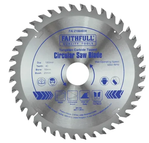 Tungsten carbide tipped circular saw blade from Faithfull Quality Tools with metallic surface and 40 evenly spaced teeth. The blade measures 180 millimeters in diameter with a 20 millimeter bore and operates at a maximum speed of 6000 RPM. Printed icons and text indicate safety precautions and compliance with EN847-1 standards.