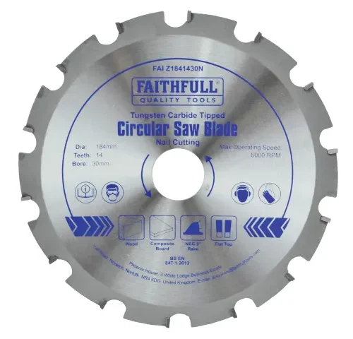 Tungsten carbide tipped circular saw blade from Faithfull Quality Tools designed for nail cutting. The blade has 14 flat top teeth, a 184 millimeter diameter, and a 30 millimeter bore with a maximum speed of 6000 RPM. Printed icons indicate suitability for wood, composite board, and nails in wood with compliance to BS EN 847-1 standards.