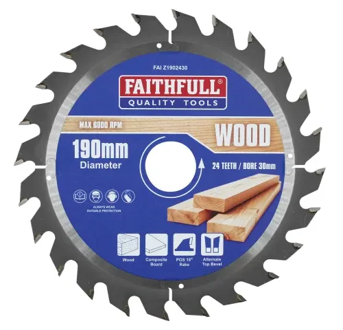 Tungsten carbide tipped circular saw blade from Faithfull Quality Tools with metallic surface and 24 sharp teeth. The blade measures 190 millimeters in diameter with a 30 millimeter bore and operates at a maximum speed of 6000 RPM. Printed icons indicate suitability for wood and composite board with a positive 19 degree rake and alternate top bevel design.