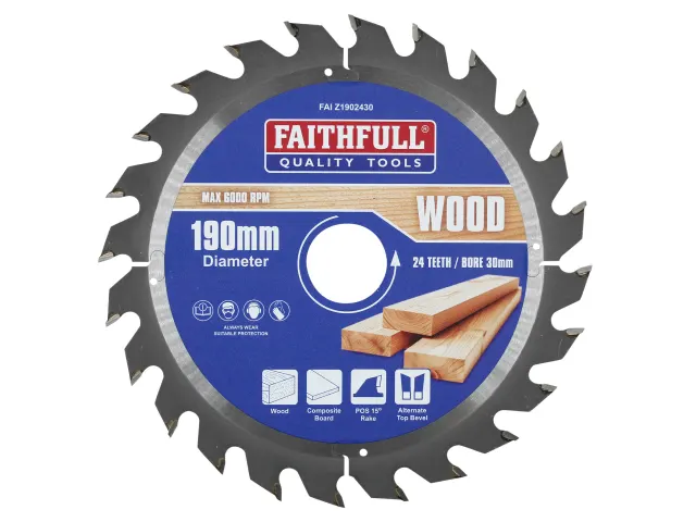 Tungsten carbide tipped circular saw blade from Faithfull Quality Tools with metallic surface and 24 sharp teeth. The blade measures 190 millimeters in diameter with a 30 millimeter bore and operates at a maximum speed of 6000 RPM. Printed icons indicate suitability for wood and composite board with a positive 19 degree rake and alternate top bevel design.