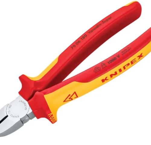A pair of red and yellow insulated diagonal cutting pliers is shown against a white background. The tool is designed for electrical work, with clearly marked safety ratings and a compact cutting head.