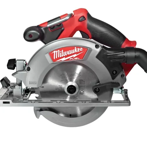 A Milwaukee Fuel circular saw with a red and black ergonomic handle and a silver blade guard. The circular blade and "Milwaukee Fuel" branding are clearly visible on the tool.