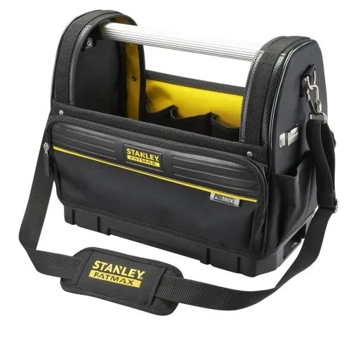 Stanley FatMax tool bag in black and yellow with a rigid aluminum handle and padded shoulder strap, featuring multiple compartments and zippered pockets. The front and strap display “STANLEY FATMAX” branding, designed for organized and portable tool storage.