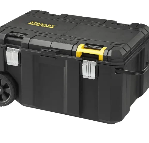 Black rolling toolbox with hard plastic exterior, featuring two metal latches, a yellow central latch, and sturdy wheels for mobility. The lid is branded “STANLEY,” and a side handle allows for easy transport of tools and equipment.