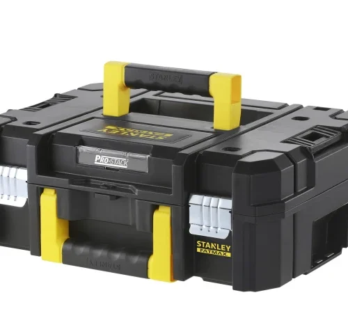Stanley Fatmax Pro-Stack toolbox in black and yellow with a central top handle, metal front latches, and side handles. The durable design features bold branding on the front and lid, ideal for portable tool organization.