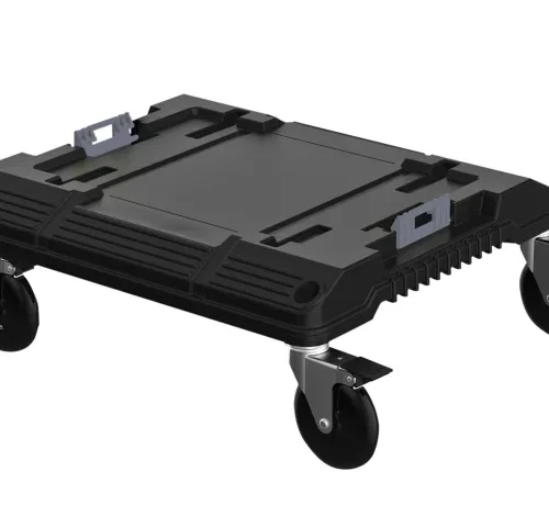 Black plastic dolly with four swivel caster wheels mounted on metal brackets, designed for transporting heavy items. The flat rectangular platform includes reinforced edges and integrated slots or handles for secure load placement and maneuverability.
