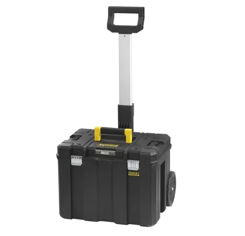 Black Stanley rolling toolbox with a telescopic handle, two wheels, and metal front latches for secure closure. The design includes a central handle with yellow accents and bold “STANLEY” branding on the front.