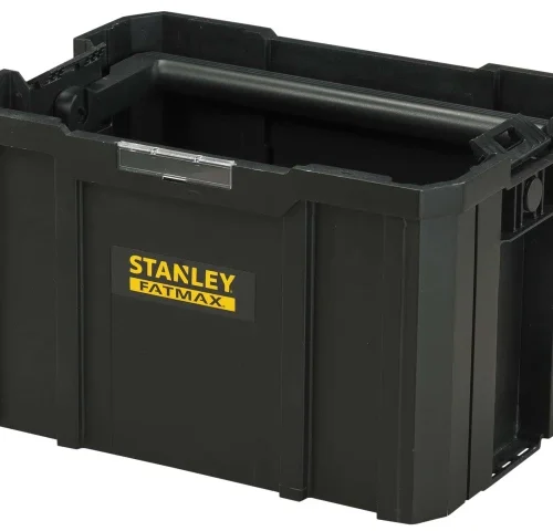 Black plastic storage crate with reinforced corners, side slots, and a top handle bar for secure handling. The front label reads “STANLEY FATMAX” in yellow and white, indicating a heavy-duty design for tool or equipment storage.