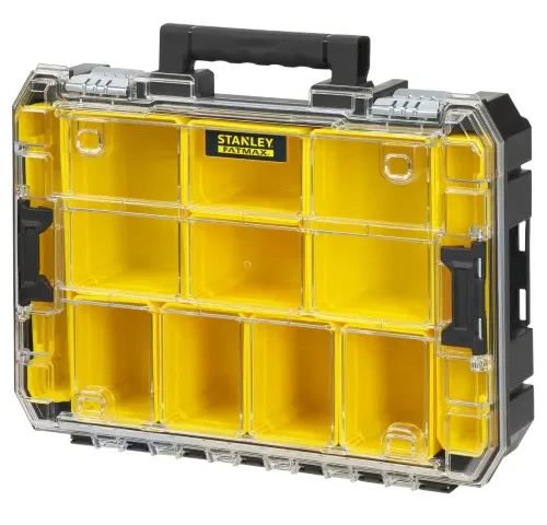 Stanley Fatmax organizer case with a clear lid, black handle, and twelve yellow compartments in a 3x4 grid. The rugged design features secure latches and bold front branding, ideal for storing small tools or hardware.