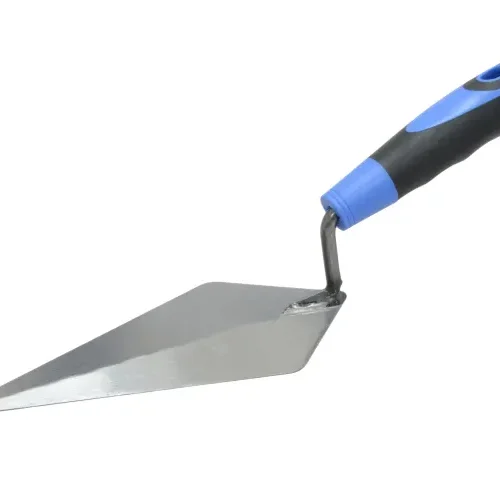 Pointing trowel with a flat triangular metal blade and a black and blue ergonomic handle, connected by a short angled shank. Ideal for detailed masonry tasks like filling gaps and shaping mortar.