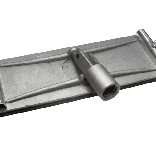 Mop or broom head attachment made of metal with a rectangular base and rounded edges. It features side clips for securing a cleaning pad and a central socket for connecting a handle.