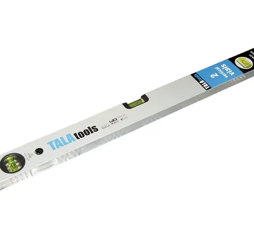 Spirit level labeled “TALA Tools” in retail packaging with branding and size marked as 2 feet. Two bubble vials are visible for measuring horizontal and vertical alignment.