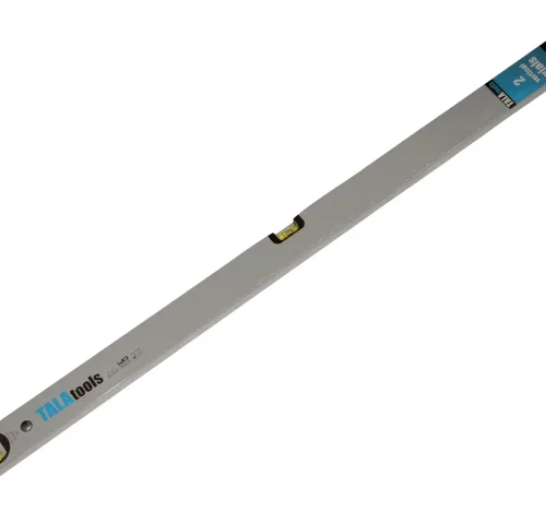 Spirit level labeled “TALA Tools” featuring three bubble vials for horizontal and vertical alignment. The silver body measures 24 inches and is used in construction and carpentry to ensure surfaces are level or plumb.