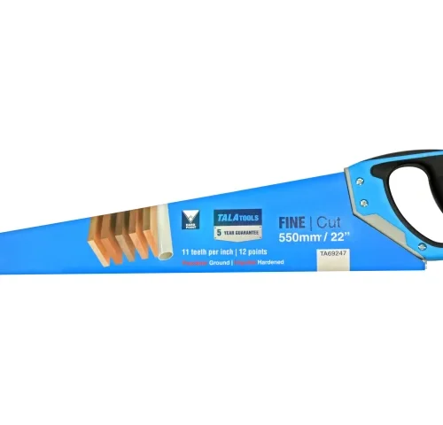 ZAL Tools “FINE Cut” hand saw with a 550mm (22-inch) precision-ground, hardened blade featuring 11 teeth per inch and 12 points. Includes a black and blue ergonomic handle, blue blade cover, and a 5-year guarantee label with product code “3468247.” Designed for fine woodworking tasks.