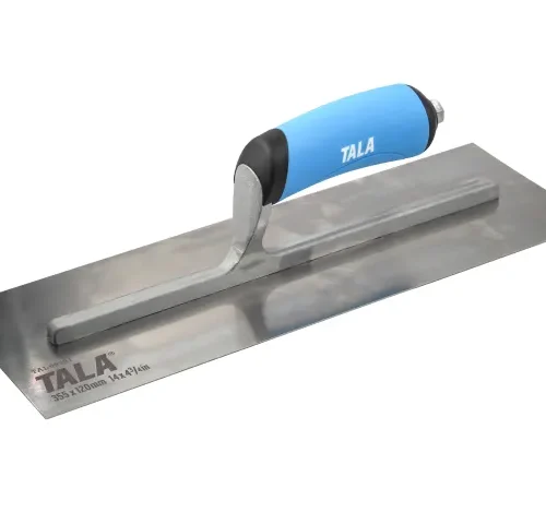 Rectangular metal trowel with a flat blade and a blue and black ergonomic handle labeled “TALA® 355 x 120mm 14 x 4¾in.” Designed for spreading and smoothing plaster or cement in masonry and finishing work.