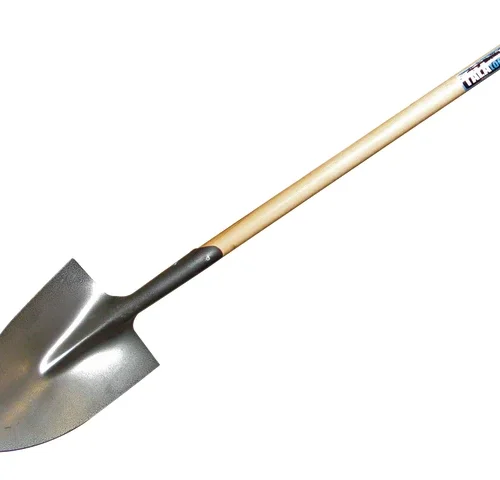 Shovel with a wooden handle and a pointed metal blade slightly curved for efficient digging. A label near the top of the handle is visible but the text is unclear.