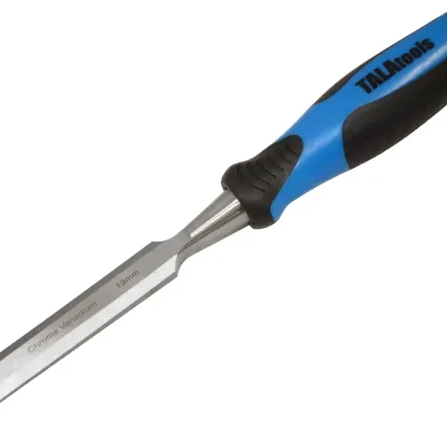 Chisel with a 19 mm chrome vanadium steel blade and a blue and black handle labeled “TALATools.” Designed for precise carving or cutting in woodworking and metalworking applications.