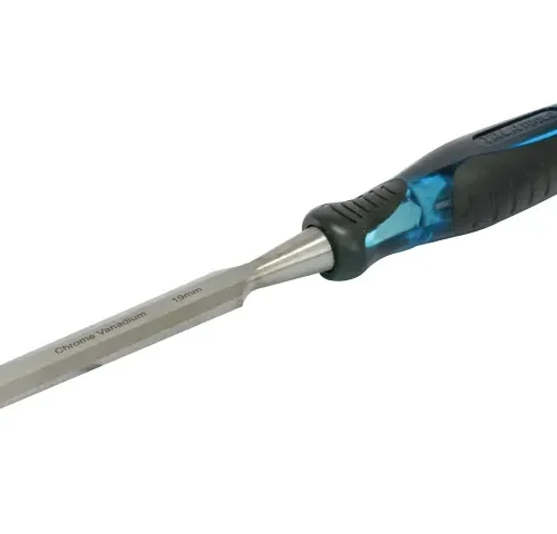 Chisel with a 19 mm chrome vanadium steel blade and a blue and black handle labeled “TALATools.” The ergonomic grip ensures control and comfort for precise woodworking or metalworking applications.