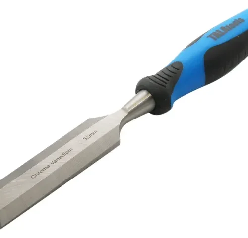 Chisel with a chrome vanadium steel blade labeled “TAJ Tools,” measuring 32 mm in width. The blue and black handle is ergonomically designed for comfort and control in woodworking applications.