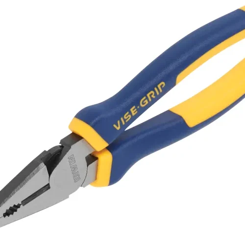 The image shows a pair of high leverage combination pliers with blue and yellow handles labeled “VISE-GRIP.” The steel jaws are engraved with the brand “IRWIN,” designed for gripping, twisting, and cutting with enhanced force efficiency.