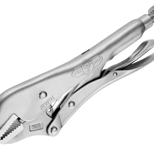 Locking pliers labeled “IRWIN VISE-GRIP 10R” featuring curved serrated jaws for secure grip on rounded objects. The tool includes an adjustable screw for clamping tension and a quick-release lever for easy disengagement.
