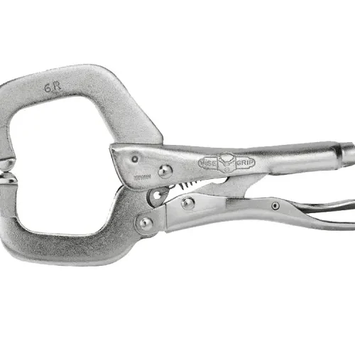 Locking C-clamp labeled “VISE-GRIP 6R” with flat jaws designed to hold objects flush against work surfaces. The clamp includes a screw mechanism for jaw adjustment and a quick-release lever for fast disengagement.